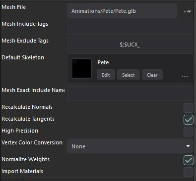Current animated mesh import properties