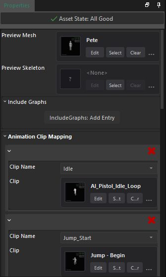 Animation Graph properties, including preview assets and named clip mappings