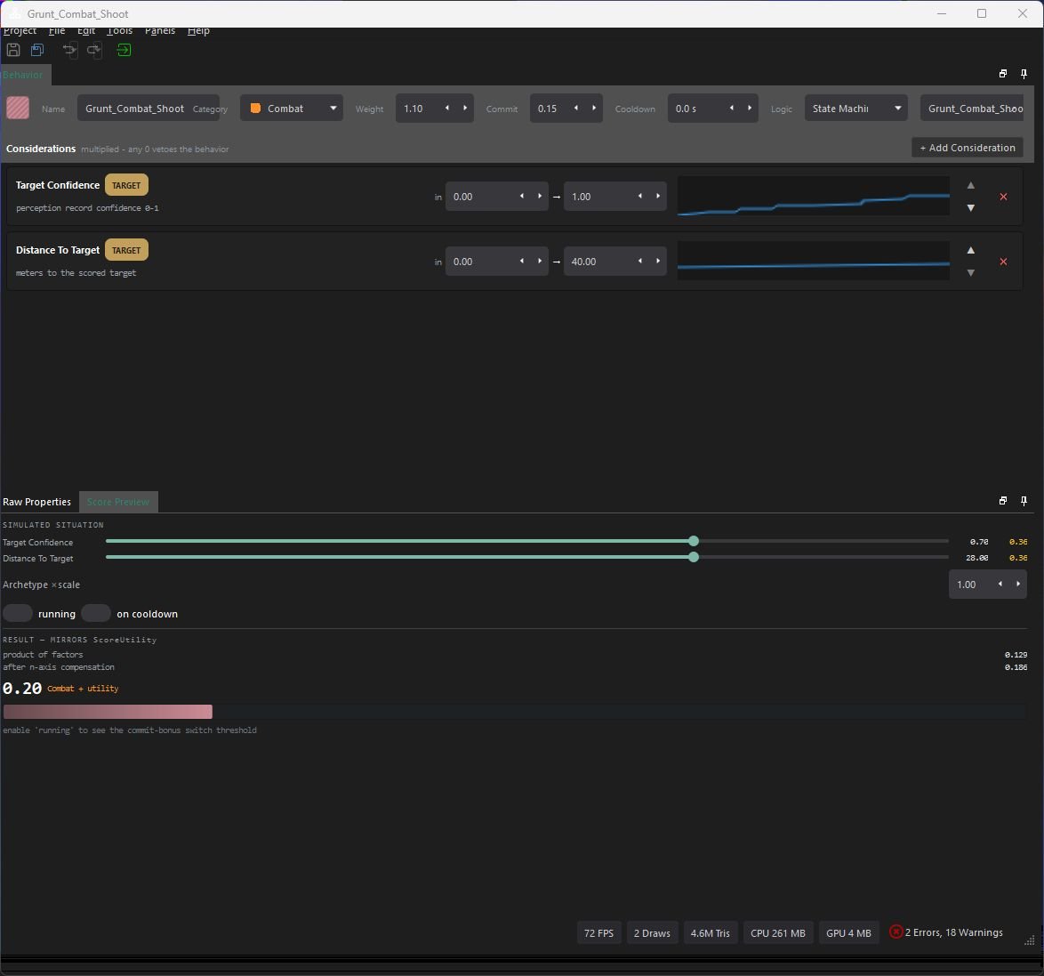 AI Behavior editor showing target-confidence and distance considerations with the Score Preview panel