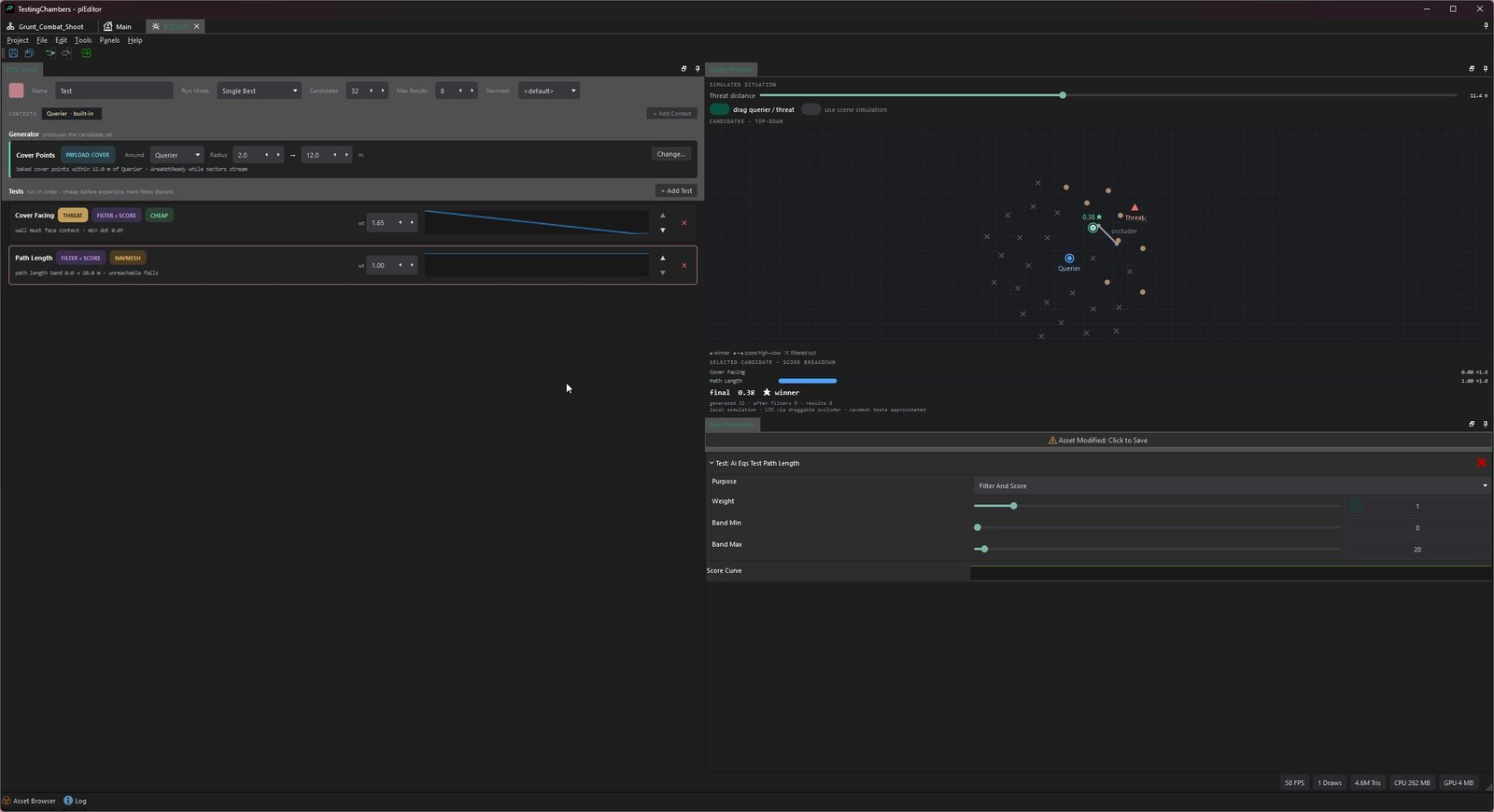 EQS editor with Cover Facing and Path Length tests, candidate positions, and the winning score breakdown