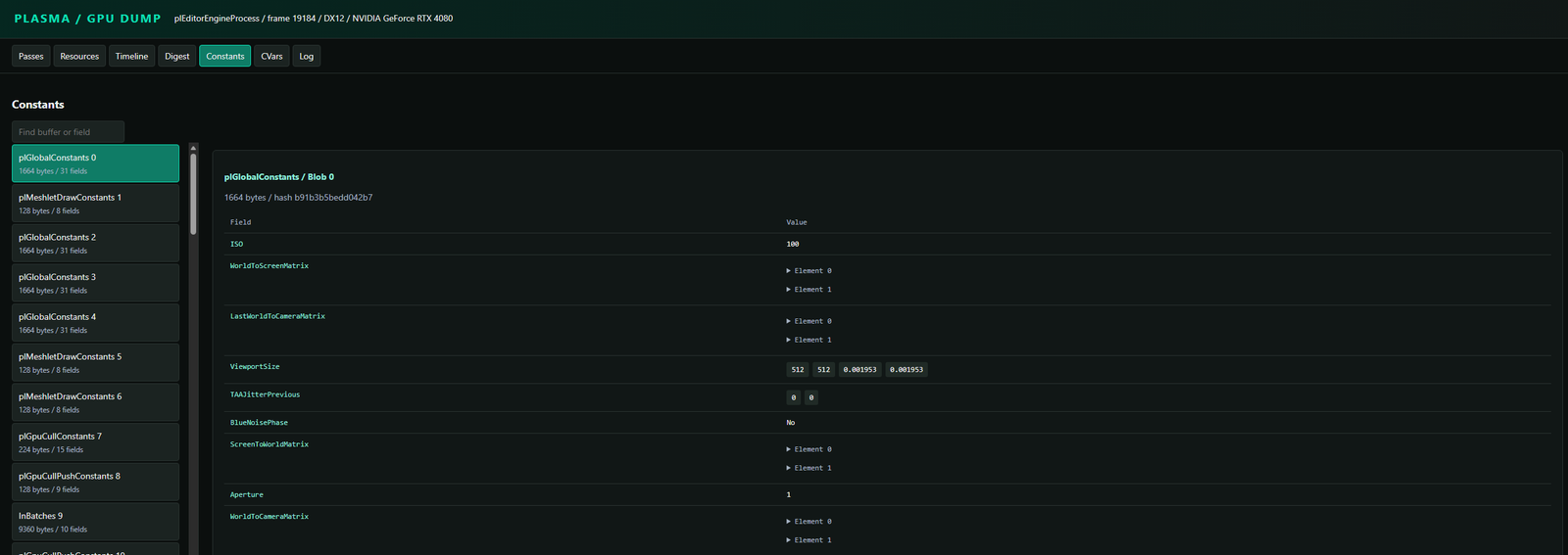 Constants tab showing plGlobalConstants and decoded fields such as ISO, viewport size, matrices, and aperture.