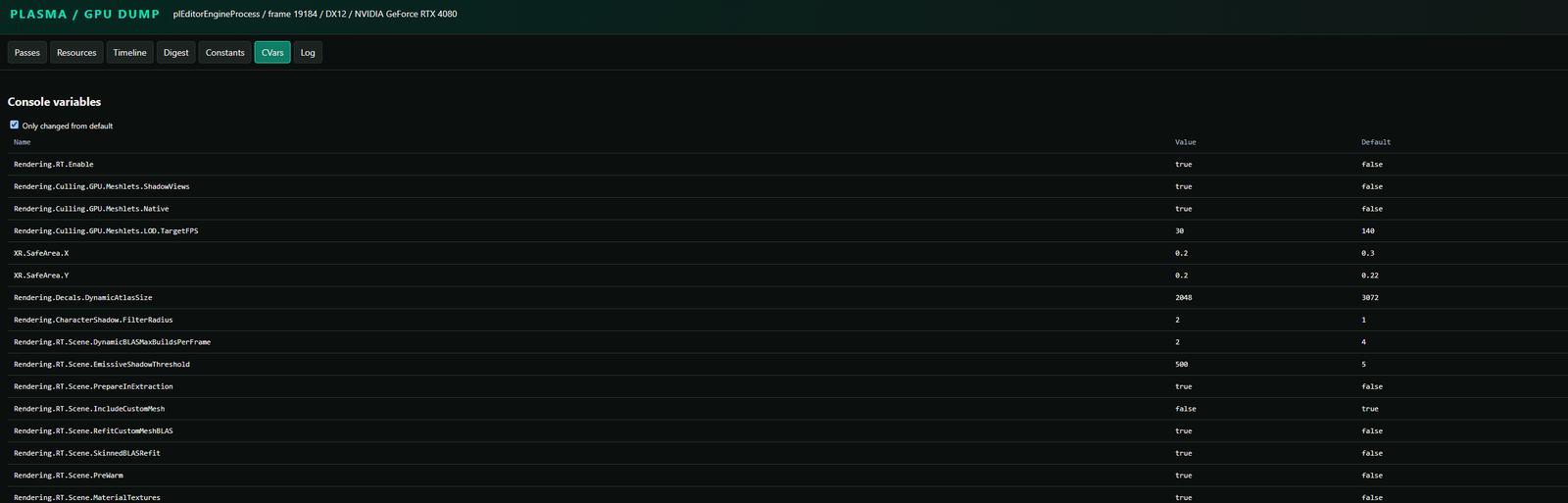 CVars tab filtered to settings changed from default, with Name, Value, and Default columns.