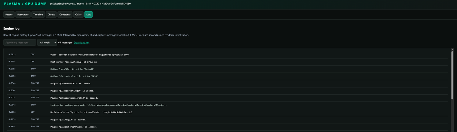 Log tab with message search, level filter, download link, and timestamped engine messages.