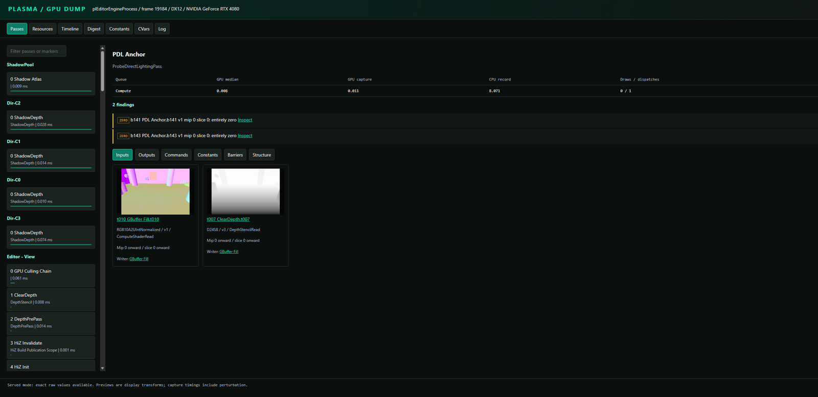 Passes tab showing PDL Anchor timings, two findings, and input resource previews.