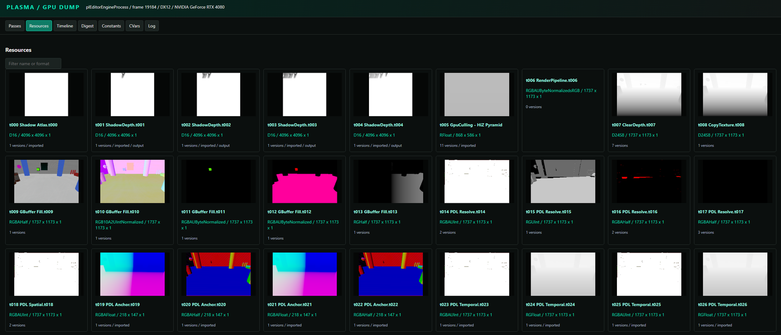 Resources gallery showing shadow maps, depth textures, GBuffer textures, and lighting resources with formats and version counts.