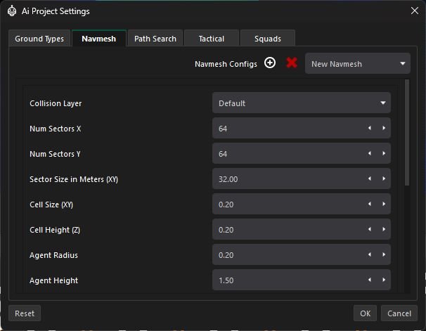 Current AI project settings showing navmesh sector, cell, and agent dimensions