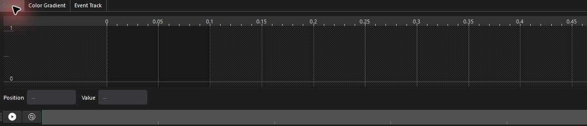 Property animation timeline with Curves, Color Gradient, Event Track, and playback controls; no track selected