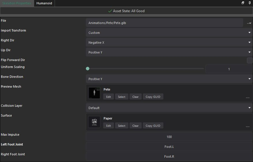 Current skeleton import and physics properties