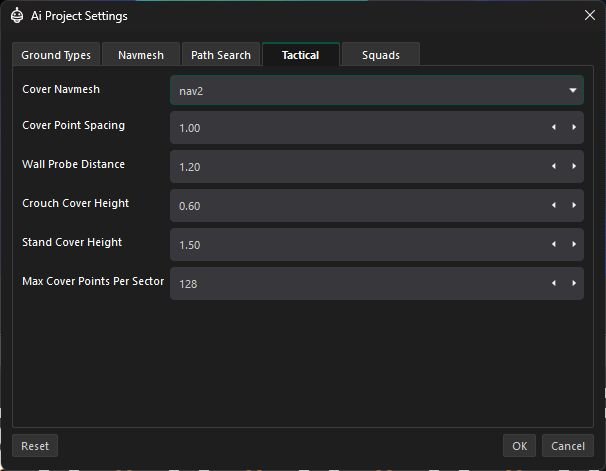 Tactical project settings for selecting a cover navmesh and tuning cover generation