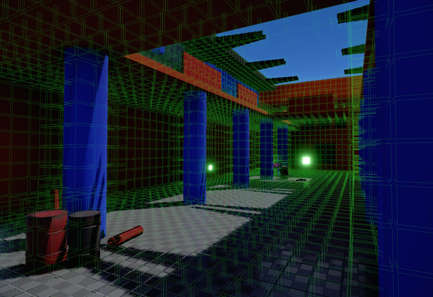 3D navigation debug view showing a green voxel wireframe throughout a room with pillars, platforms, and overhead beams